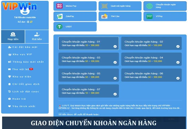 Giao diện nạp VIPWIN qua hình thức chuyển khoản ngân hàng