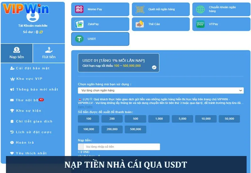 Nạp nhà cái qua hình thức USDT