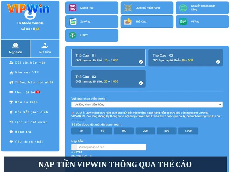 Nạp tiền VIPWIN thông qua thẻ cào cực đơn giản